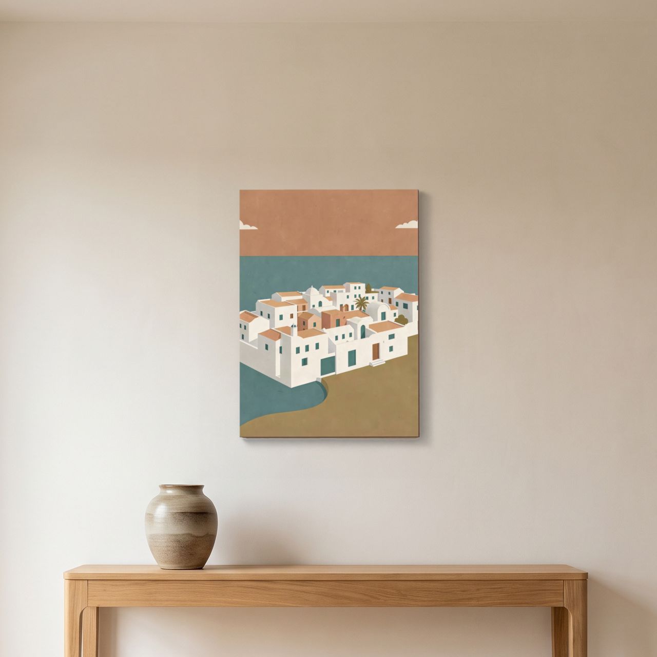 Holzposter an der Wand im Flur, das weiße Küstendorf wirkt als Blickfang