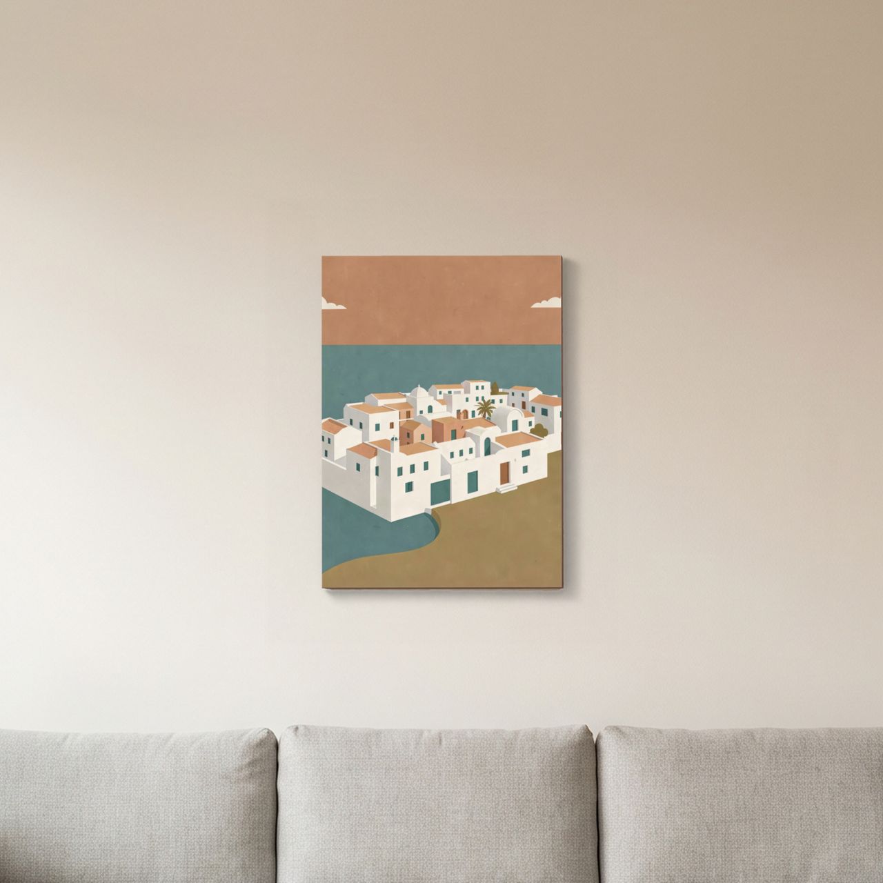 Holzposter im Wohnzimmer, das Mittelmeer‑Dorf ergänzt ein mid‑century Möbelarrangement