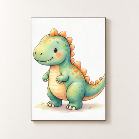 Vorderansicht des Holzposters mit mintgrünem Baby-Dinosaurier und orangefarbenen Stacheln