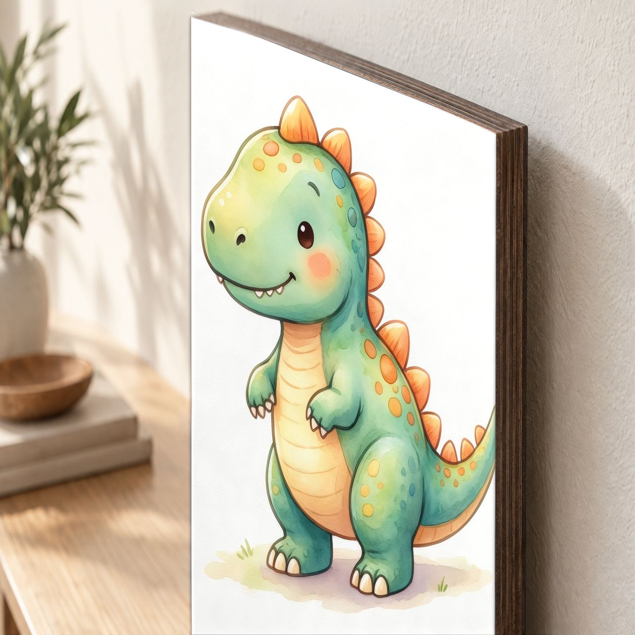 Holzposter Mintgrüner Baby-Dino mit orangefarbenen Stacheln aus echtem Holz, 8–10 mm stark, mit sichtbarer Holzkante