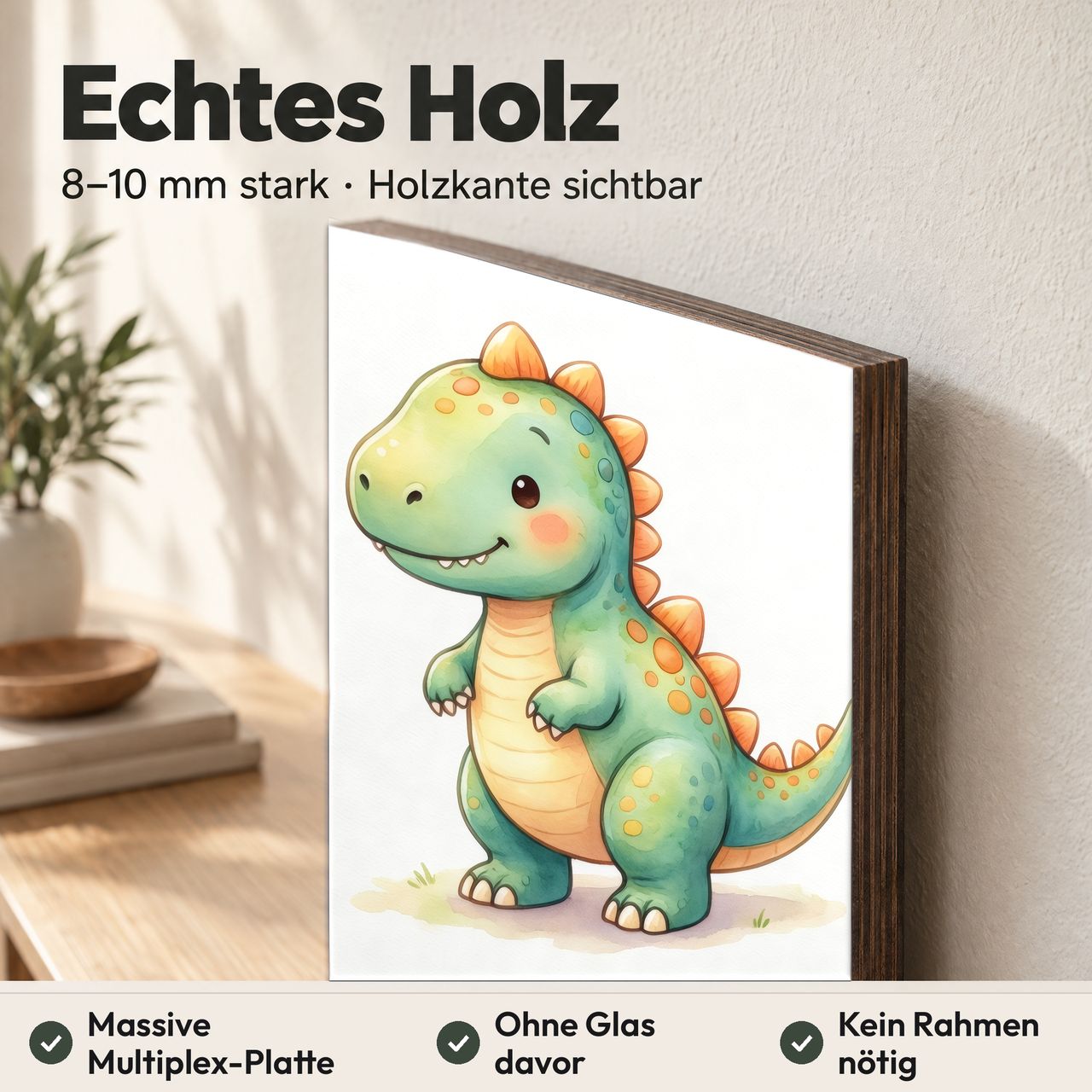 Holzposter Mintgrüner Baby-Dino mit orangefarbenen Stacheln aus echtem Holz, 8–10 mm stark, mit sichtbarer Holzkante