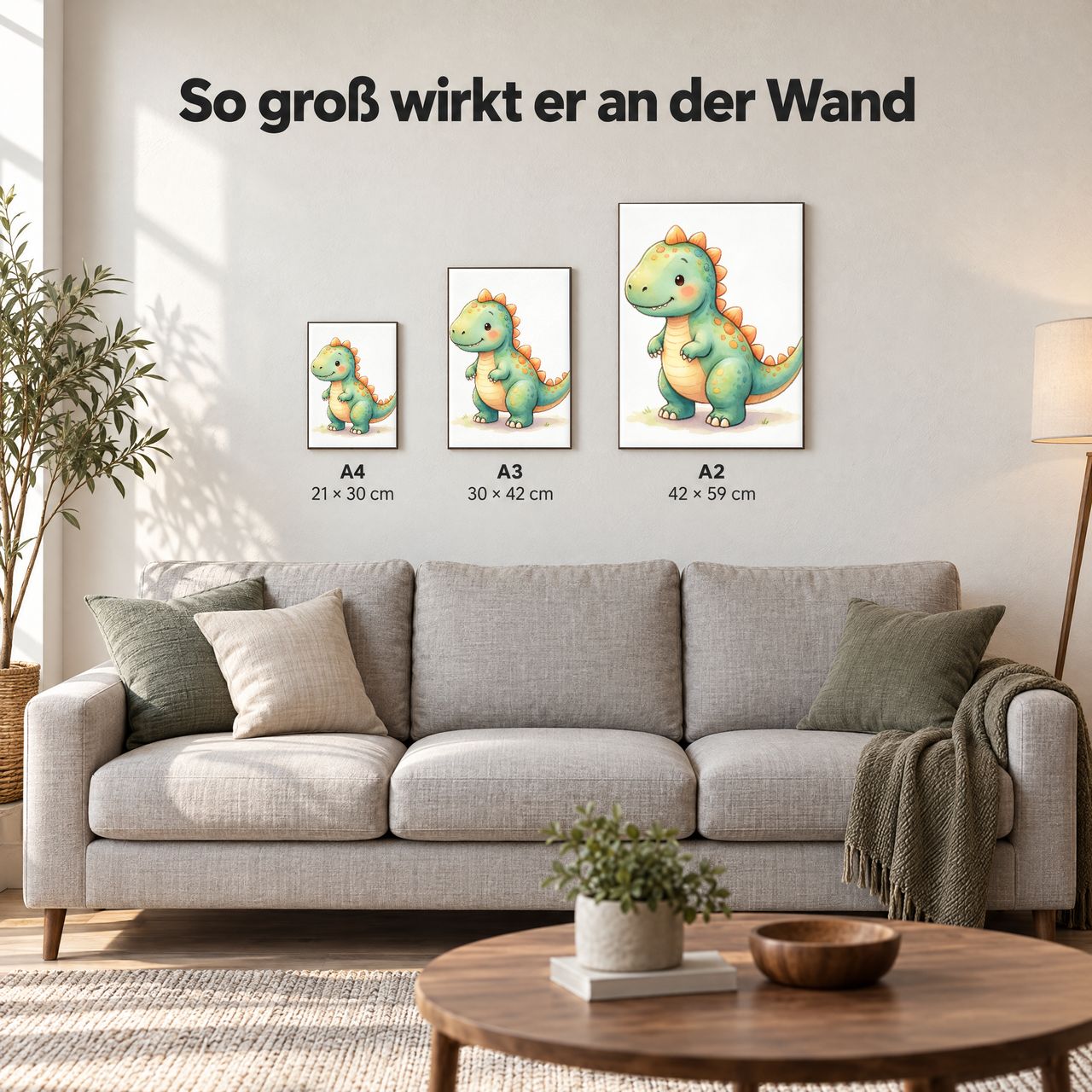 Holzposter Mintgrüner Baby-Dino mit orangefarbenen Stacheln in A4, A3 und A2 an der Wand über dem Sofa: so groß wirkt er