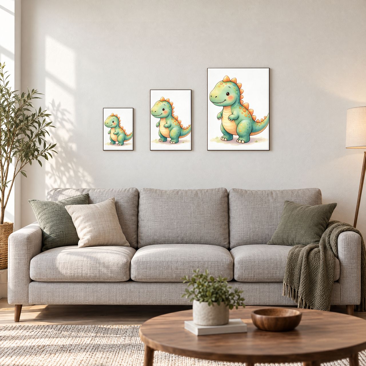 Holzposter Mintgrüner Baby-Dino mit orangefarbenen Stacheln in drei Größen, A4, A3 und A2, an der Wand über dem Sofa
