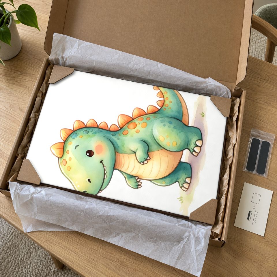 Holzposter Mintgrüner Baby-Dino mit orangefarbenen Stacheln im Paket: mit Kantenschutz an allen vier Ecken und Seidenpapier verpackt
