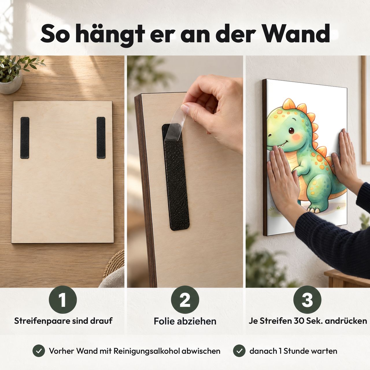 Holzposter Mintgrüner Baby-Dino mit orangefarbenen Stacheln in 3 Schritten an der Wand: Streifen sind drauf, Folie abziehen, andrücken