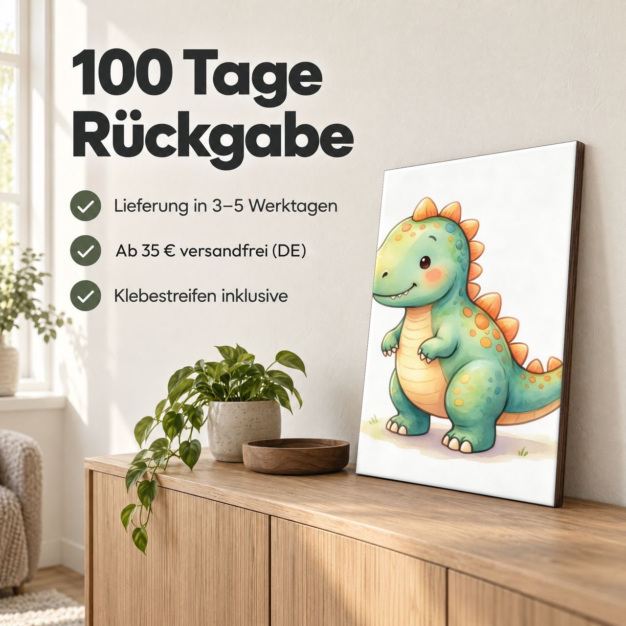 Holzposter Mintgrüner Baby-Dino mit orangefarbenen Stacheln: 100 Tage Rückgabe, Lieferung in 3–5 Werktagen, Klebestreifen inklusive