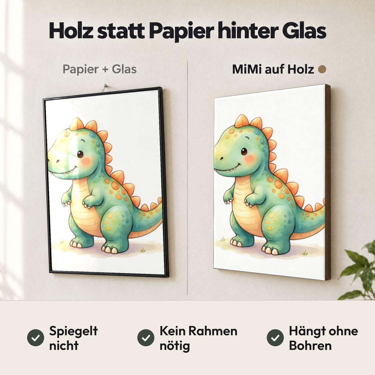 Holzposter Mintgrüner Baby-Dino mit orangefarbenen Stacheln im Vergleich: Papier hinter Glas spiegelt, MiMi auf Holz nicht