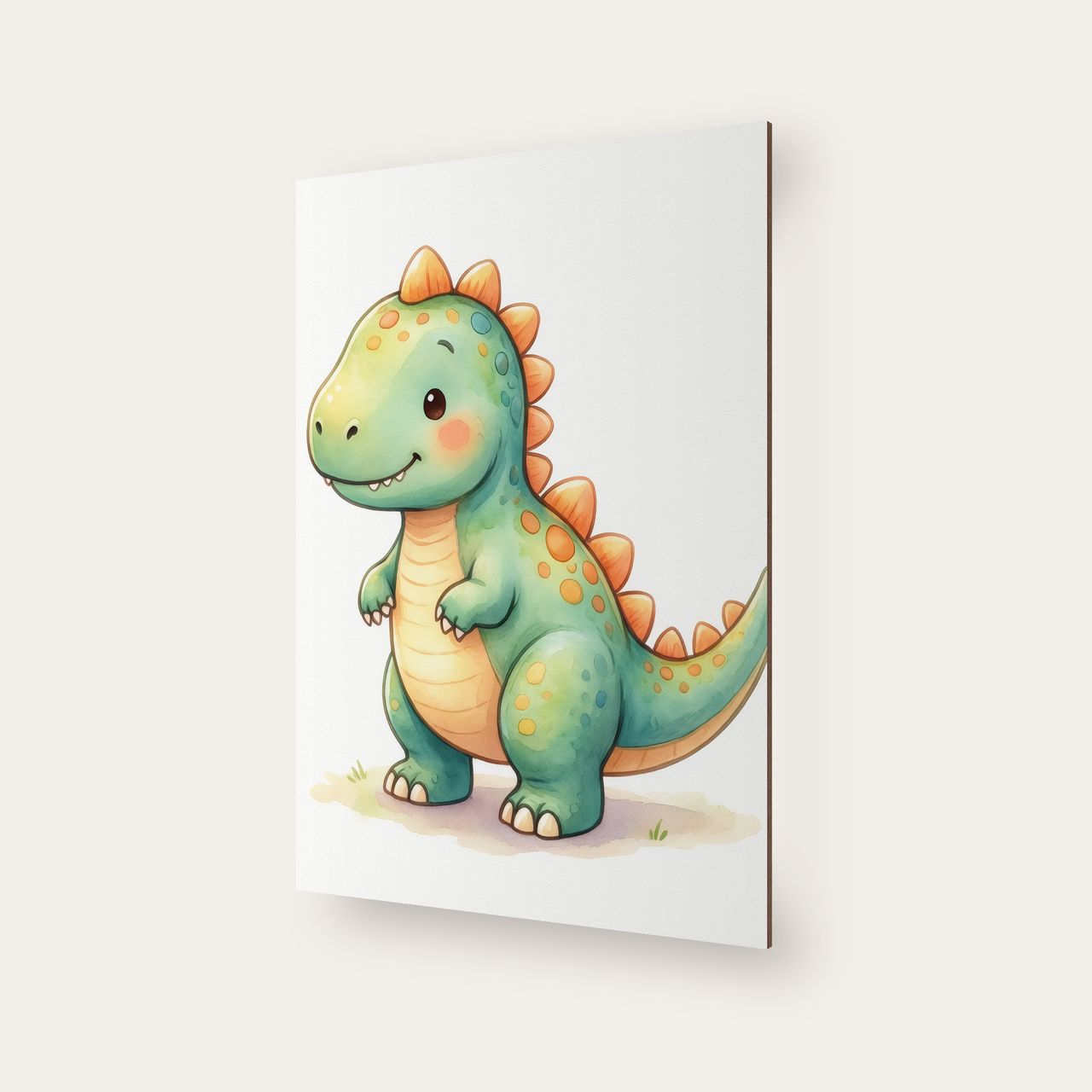 Schräg aufgenommenes Holzposter, sichtbare Holzkante und Dino-Motiv