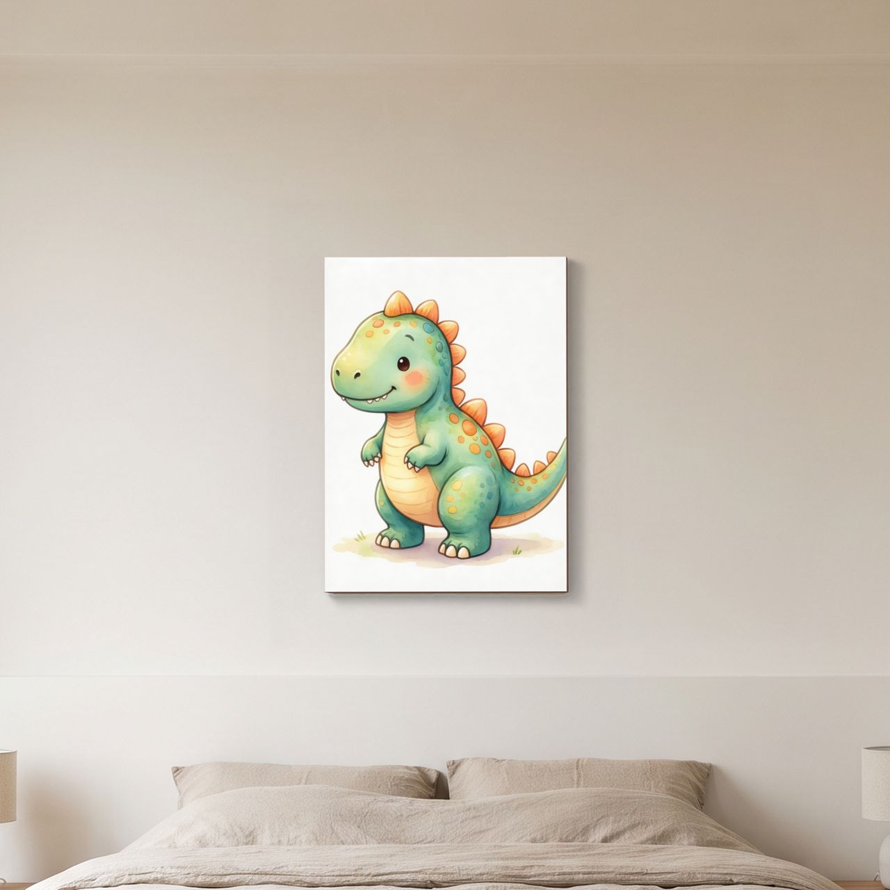 Holzposter mit Baby-Dino im Schlafzimmer, neben einem Kinderbett