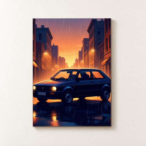 Vorderansicht des Holzposters mit navy‑blauem Hatchback im Regen