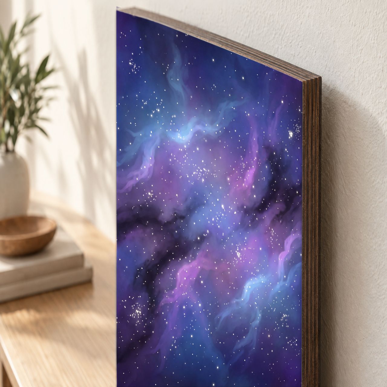 Holzposter Blauer Nebel aus echtem Holz, 8–10 mm stark, mit sichtbarer Holzkante