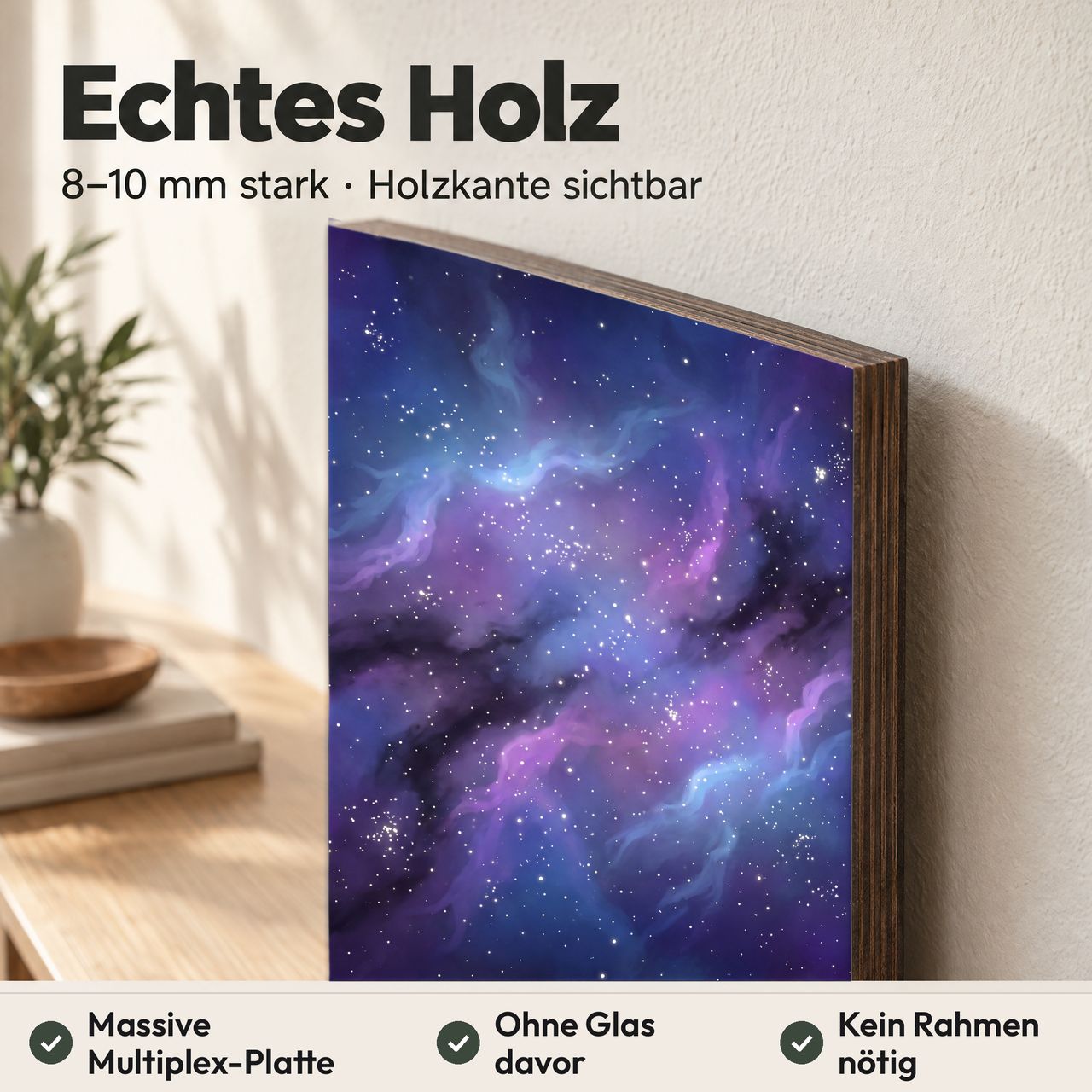 Holzposter Blauer Nebel aus echtem Holz, 8–10 mm stark, mit sichtbarer Holzkante