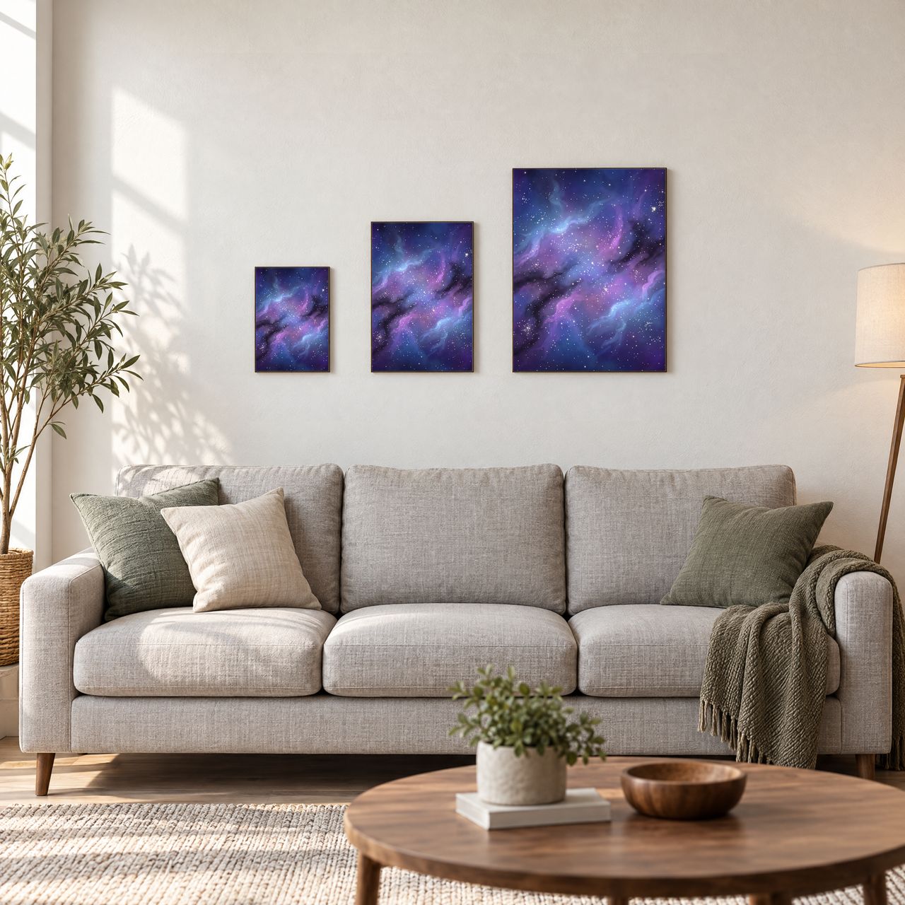 Holzposter Blauer Nebel in drei Größen, A4, A3 und A2, an der Wand über dem Sofa