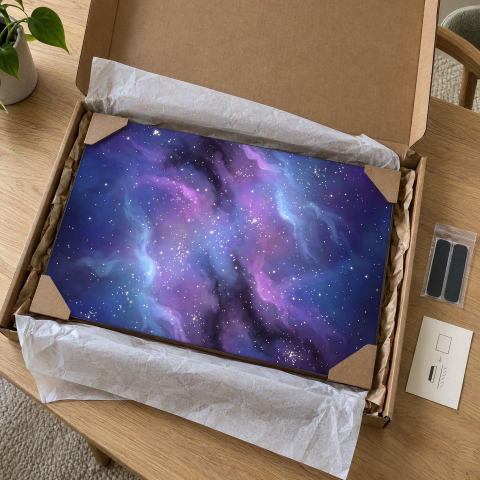 Holzposter Blauer Nebel im Paket: mit Kantenschutz an allen vier Ecken und Seidenpapier verpackt