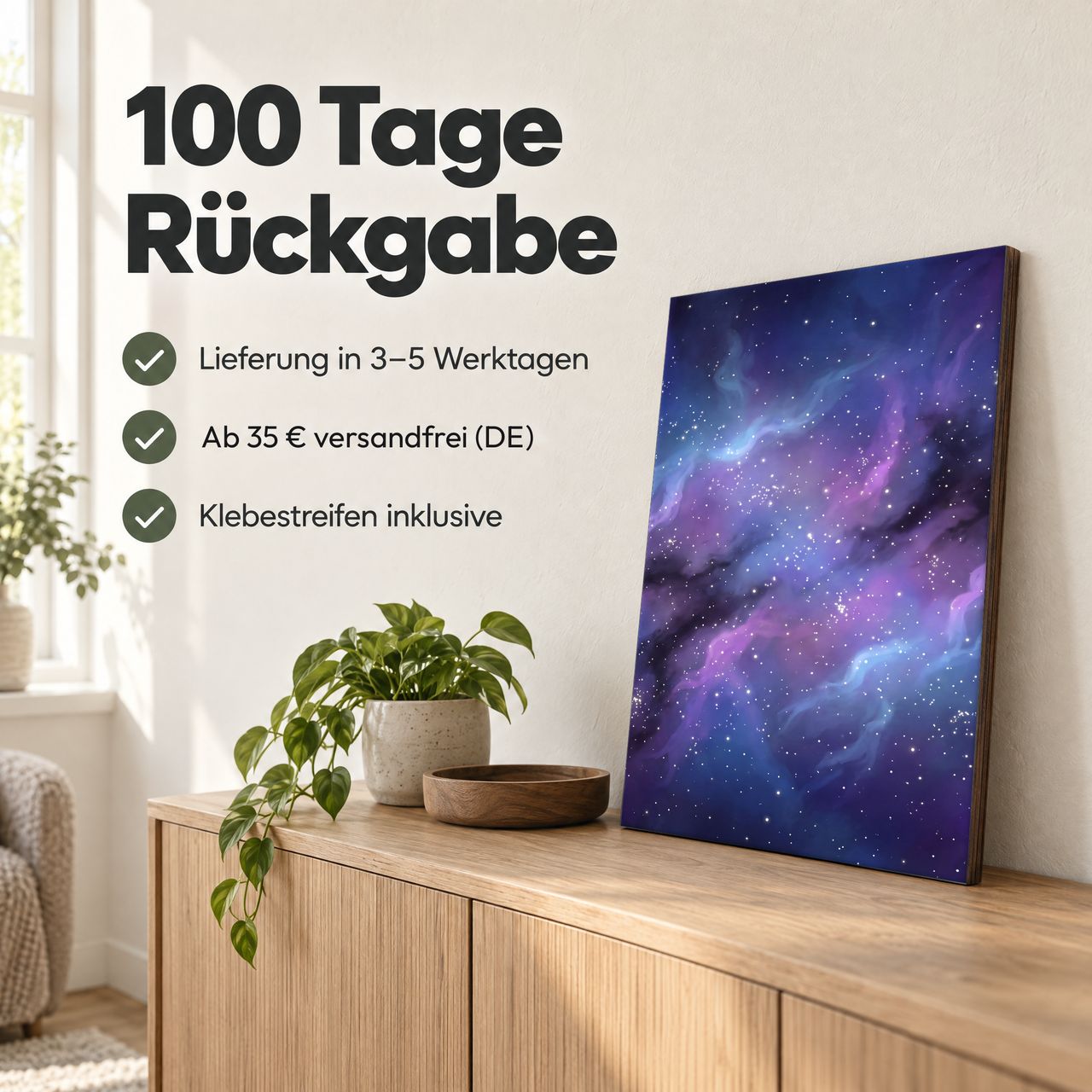 Holzposter Blauer Nebel: 100 Tage Rückgabe, Lieferung in 3–5 Werktagen, Klebestreifen inklusive