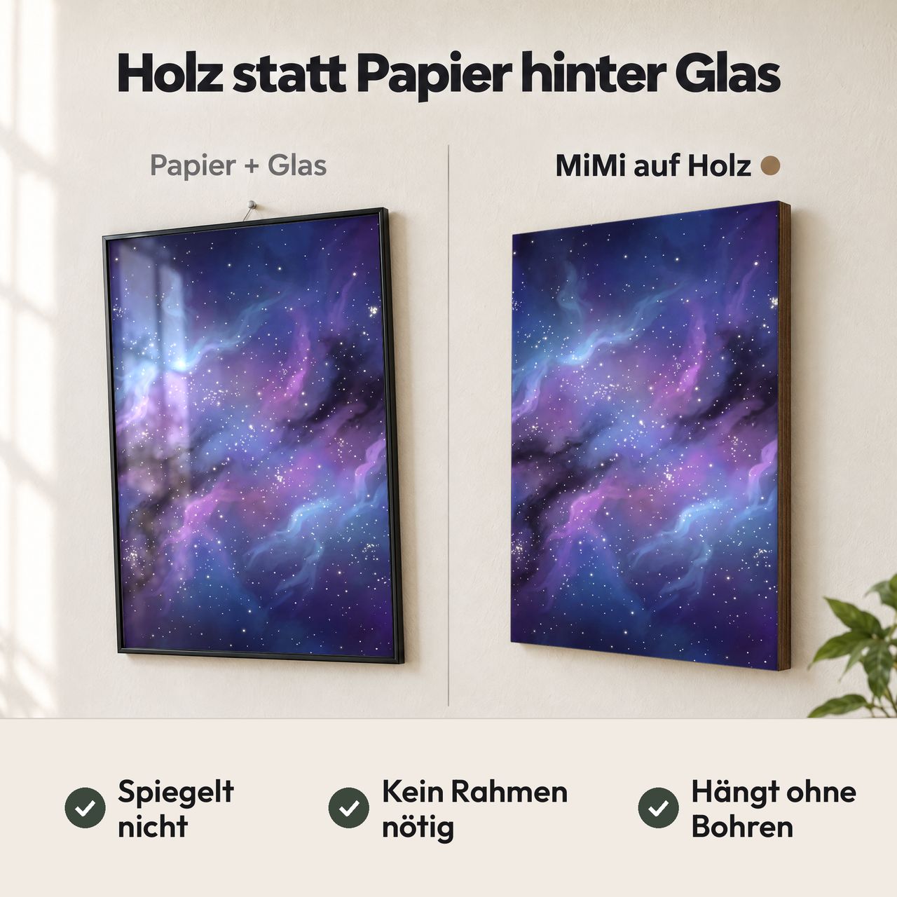 Holzposter Blauer Nebel im Vergleich: Papier hinter Glas spiegelt, MiMi auf Holz nicht
