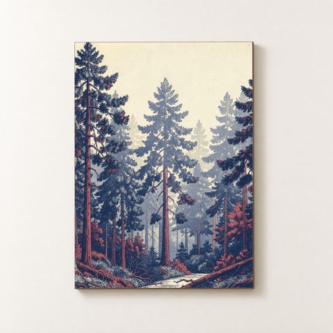 Vorderansicht des Holzposters mit nebligem Kiefernwald im Holzschnittstil