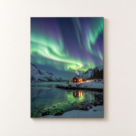 Vorderansicht des Holzposters mit grünen und violetten Nordlichtern über einem verschneiten Fjord und rotem Holzhaus