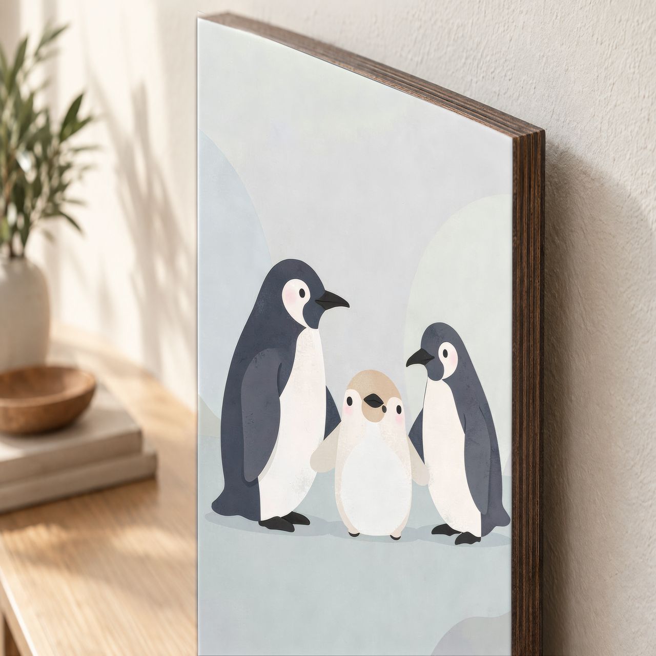 Holzposter Penguin-Familie aus echtem Holz, 8–10 mm stark, mit sichtbarer Holzkante
