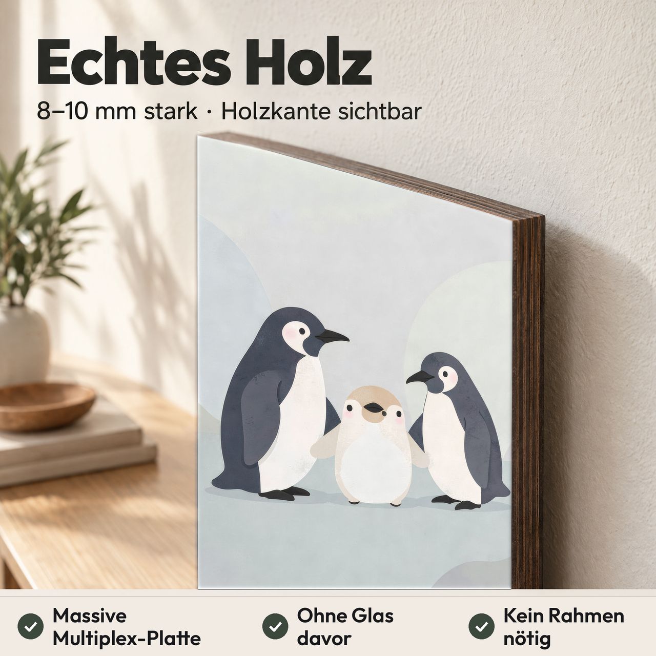 Holzposter Penguin-Familie aus echtem Holz, 8–10 mm stark, mit sichtbarer Holzkante