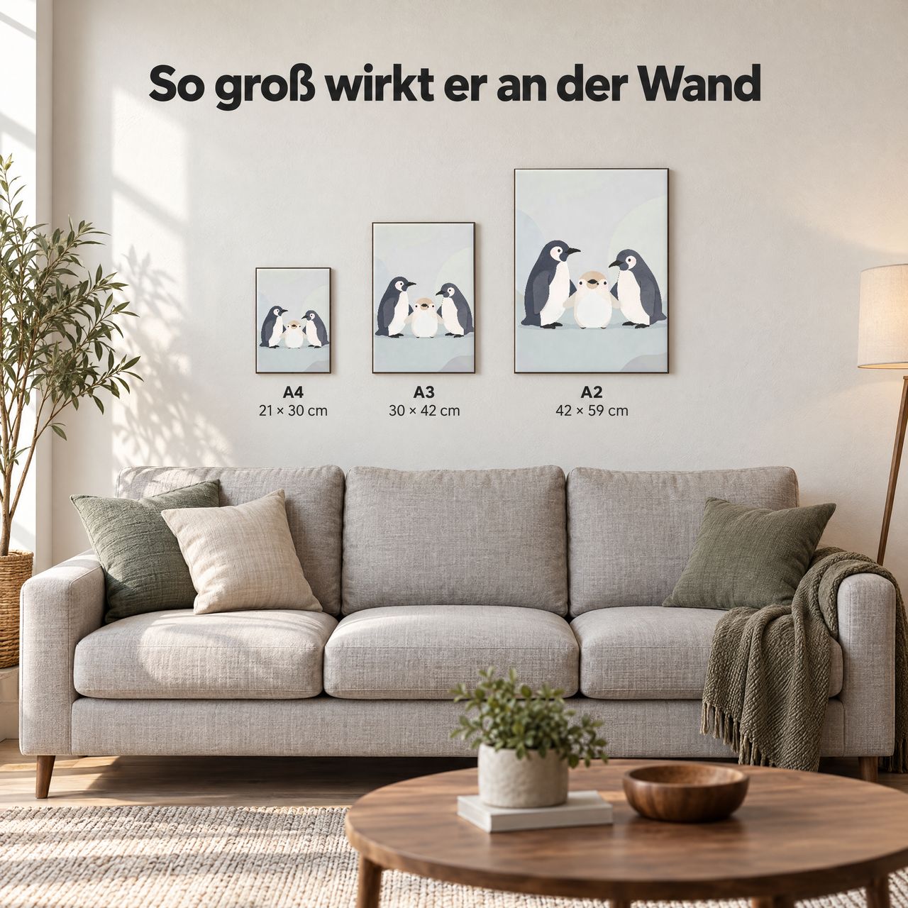 Holzposter Penguin-Familie in A4, A3 und A2 an der Wand über dem Sofa: so groß wirkt er