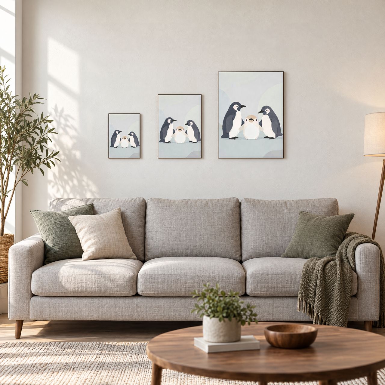 Holzposter Penguin-Familie in drei Größen, A4, A3 und A2, an der Wand über dem Sofa