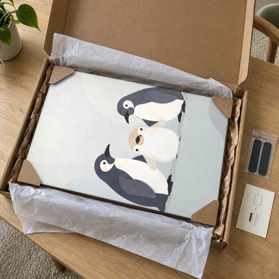 Holzposter Penguin-Familie im Paket: mit Kantenschutz an allen vier Ecken und Seidenpapier verpackt