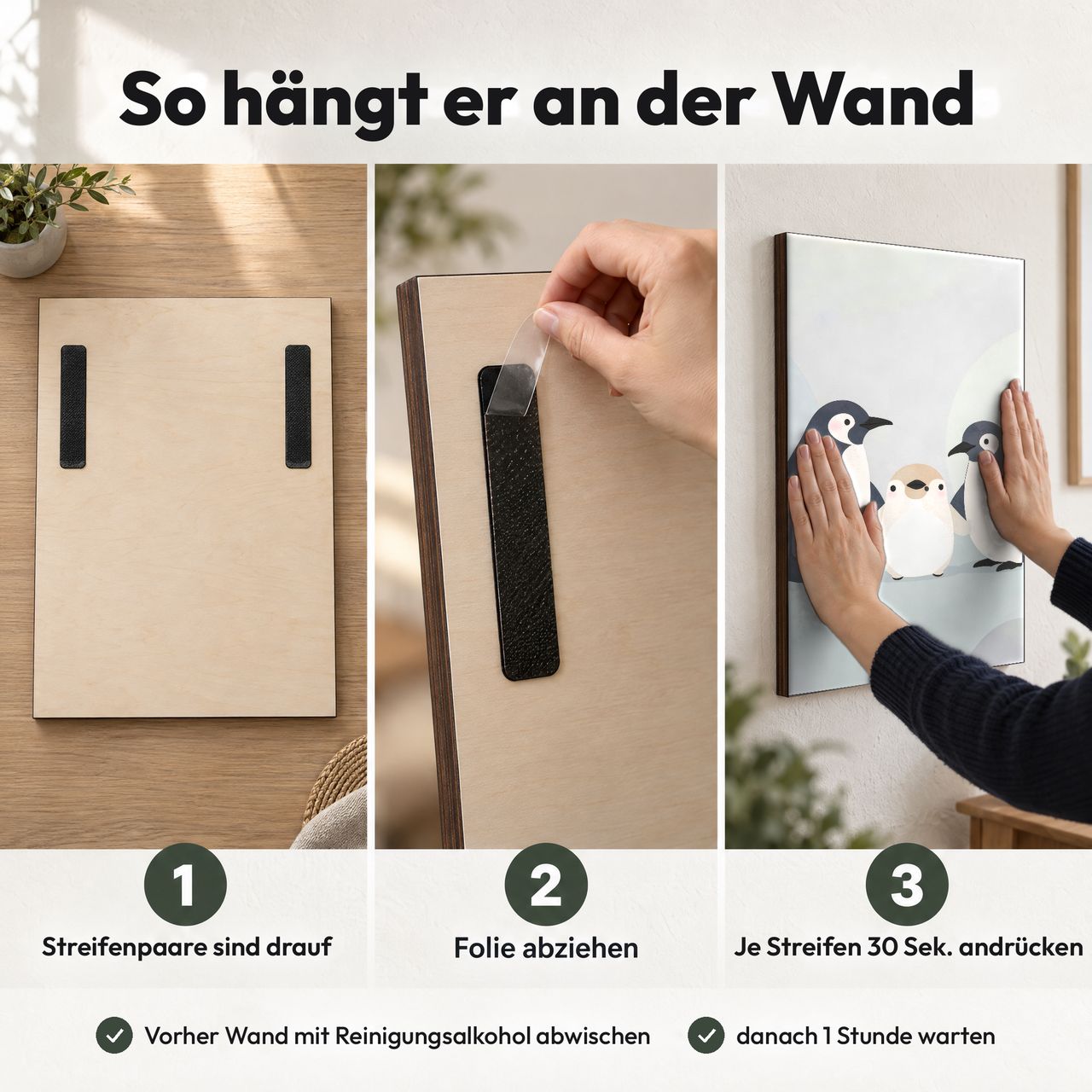 Holzposter Penguin-Familie in 3 Schritten an der Wand: Streifen sind drauf, Folie abziehen, andrücken