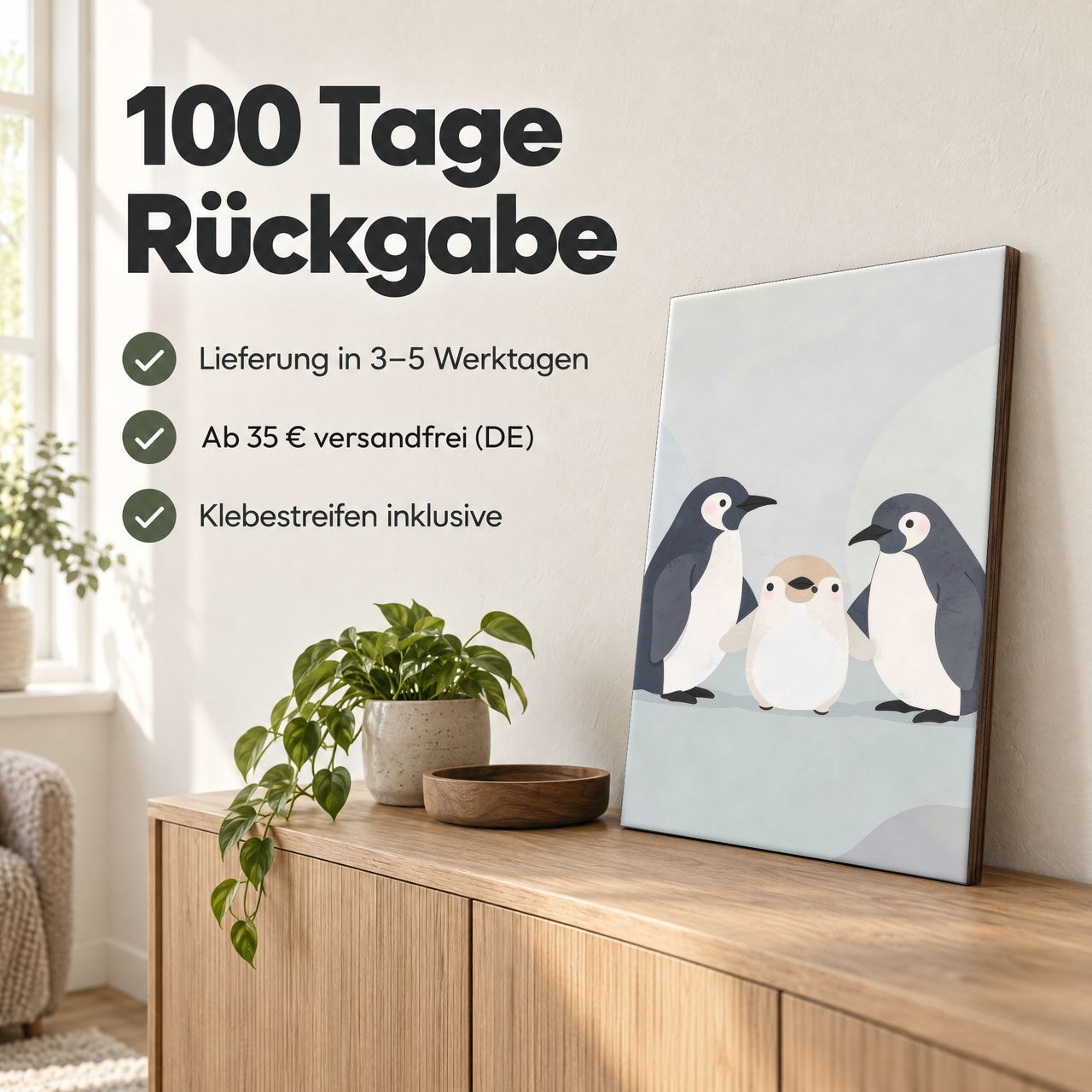 Holzposter Penguin-Familie: 100 Tage Rückgabe, Lieferung in 3–5 Werktagen, Klebestreifen inklusive