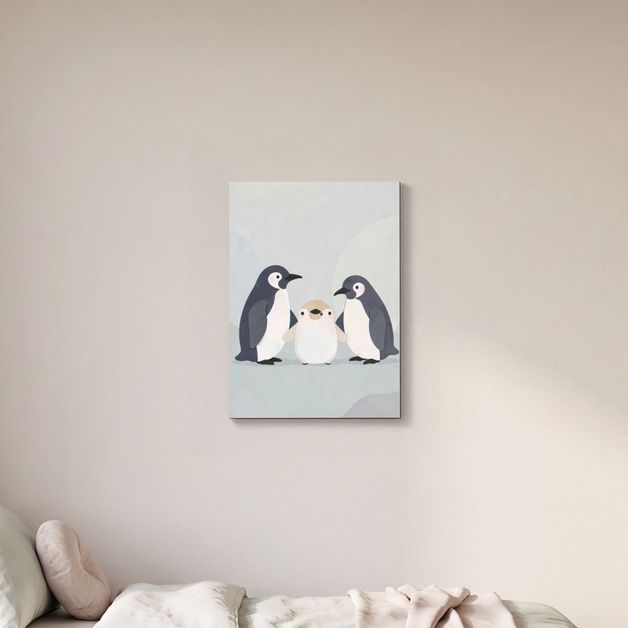 Das Holzposter hängt an einer Wand im Kinderzimmer, umgeben von hellen Möbeln