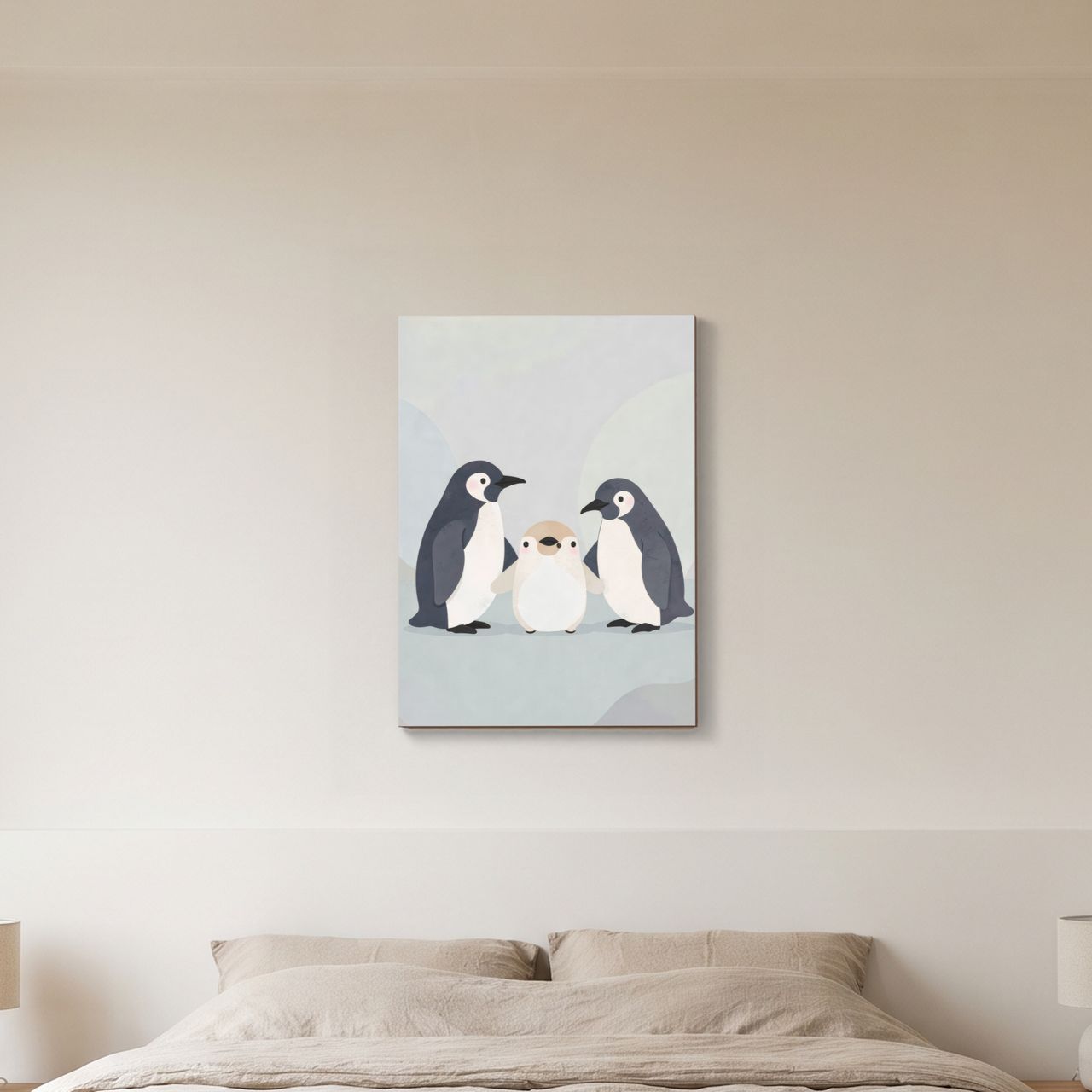 Holzposter im Schlafzimmer, neben einem kleinen Bett und einem Nachttisch