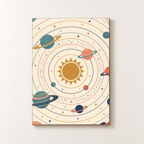 Vorderansicht des Holzposters mit Retro‑Planeten, Ringen und Sternen in Senf‑Teal‑Farben