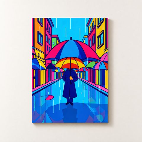 Vorderansicht des Holzposters mit farbigen Regenschirmen vor Stadtfassaden
