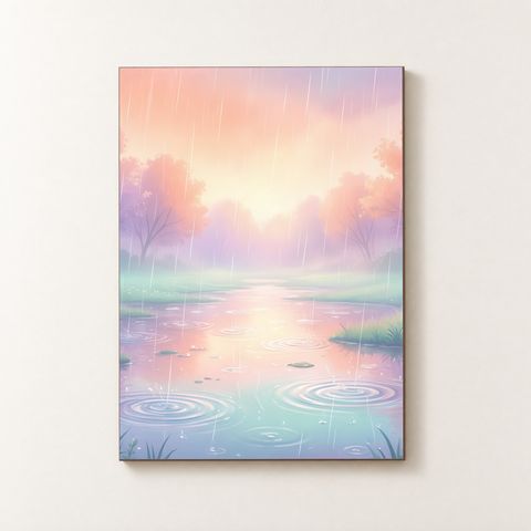 Vorderansicht des Holzposters mit pastellfarbenen Bäumen, Pfützen und weichem Morgenlicht