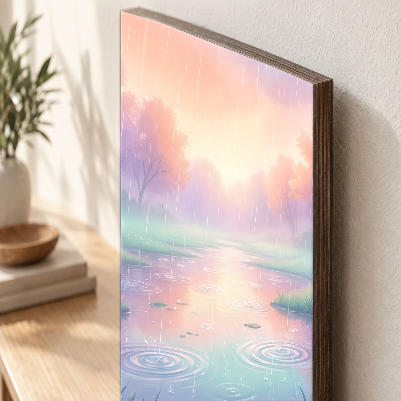 Holzposter Regentag mit pastellfarbigen Pfützen aus echtem Holz, 8–10 mm stark, mit sichtbarer Holzkante