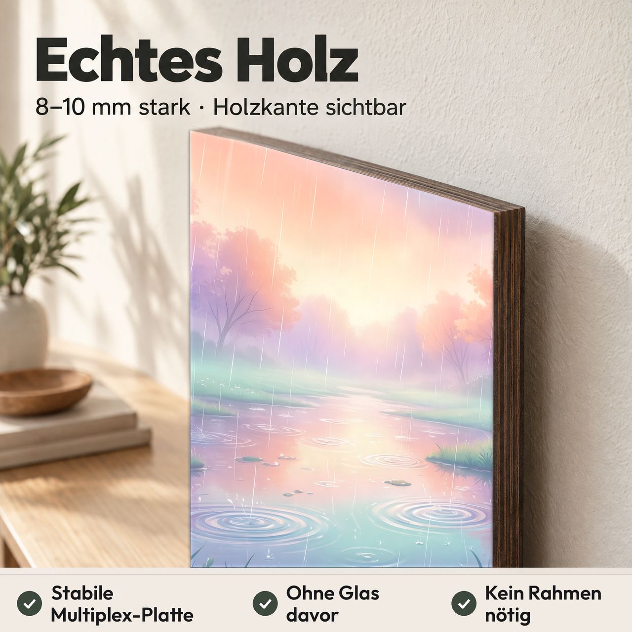 Holzposter Regentag mit pastellfarbigen Pfützen aus echtem Holz, 8–10 mm stark, mit sichtbarer Holzkante