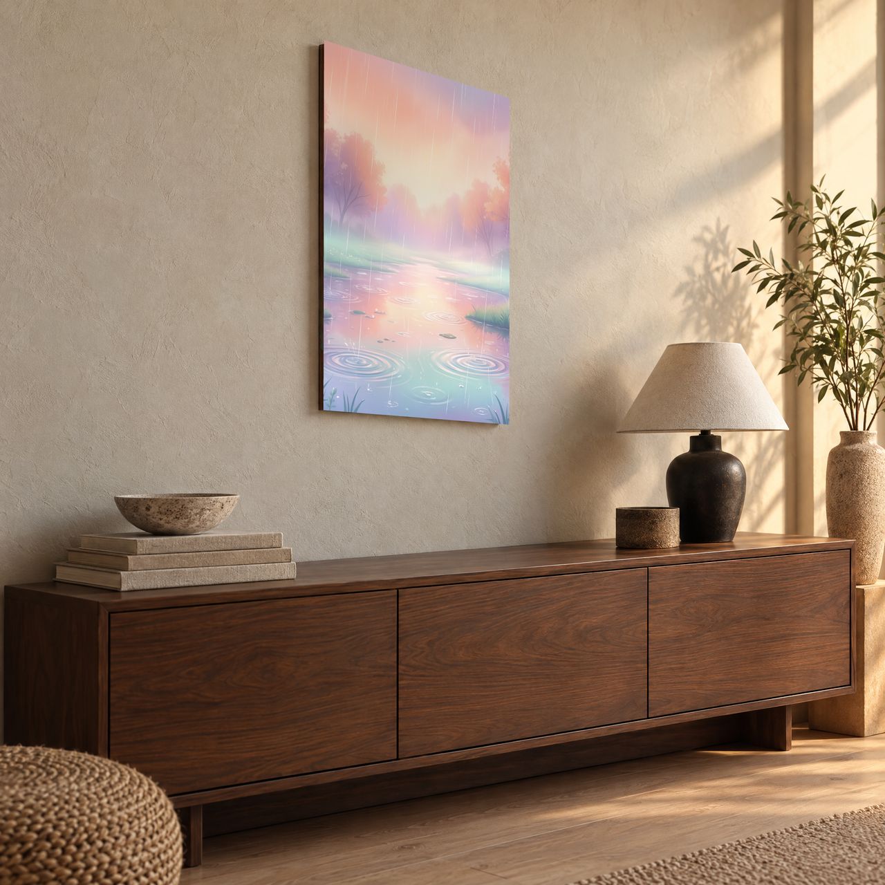 Regentag mit pastellfarbigen Pfützen Holzposter über einem Sideboard aus dunklem Holz, schräg von der Seite gesehen