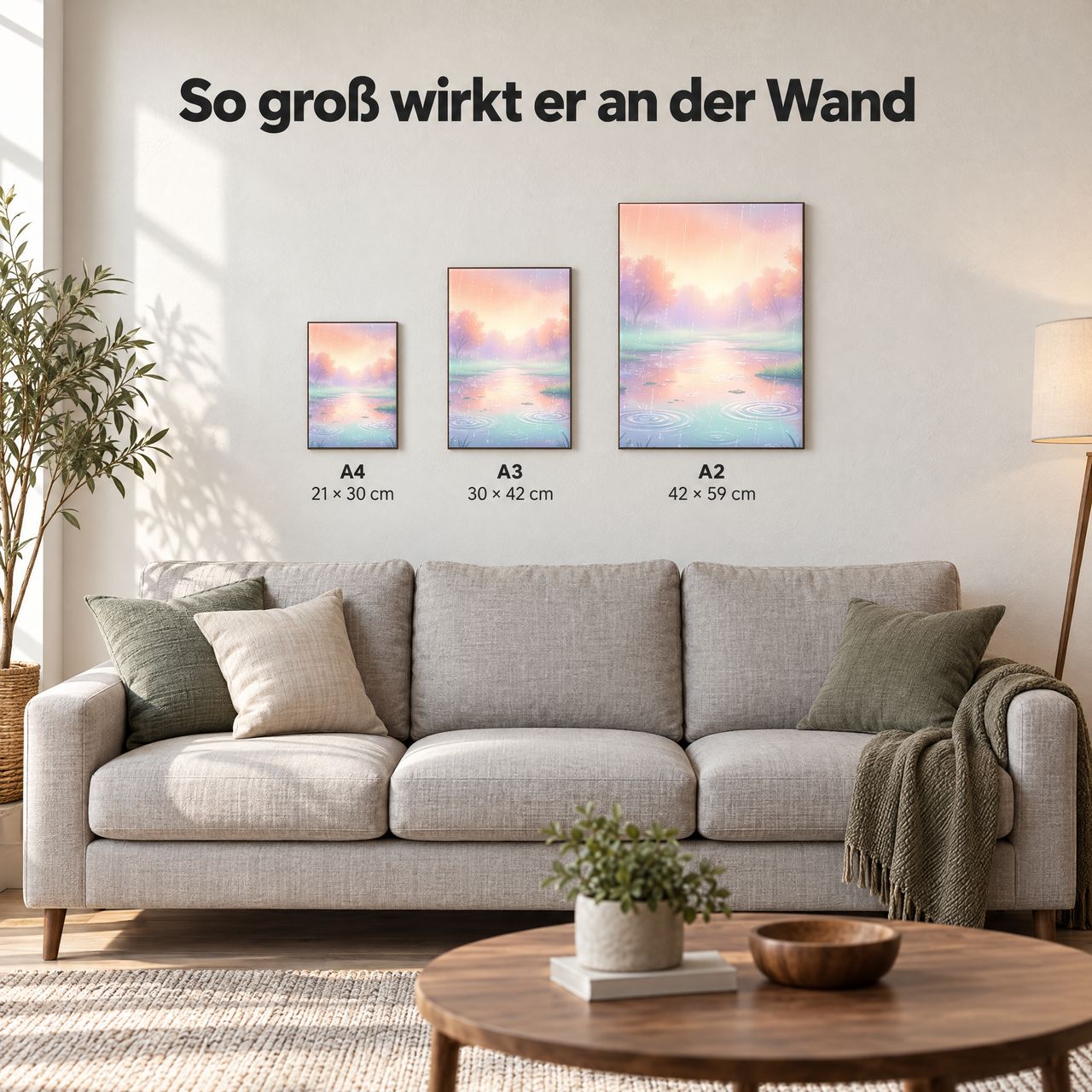 Holzposter Regentag mit pastellfarbigen Pfützen in A4, A3 und A2 an der Wand über dem Sofa: so groß wirkt er