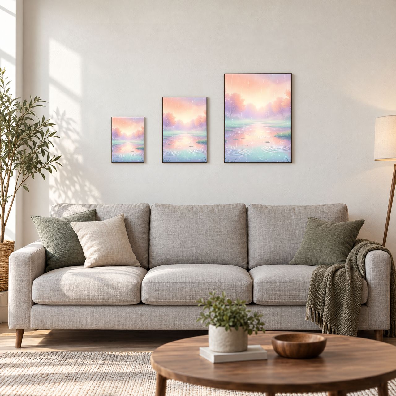 Holzposter Regentag mit pastellfarbigen Pfützen in drei Größen, A4, A3 und A2, an der Wand über dem Sofa