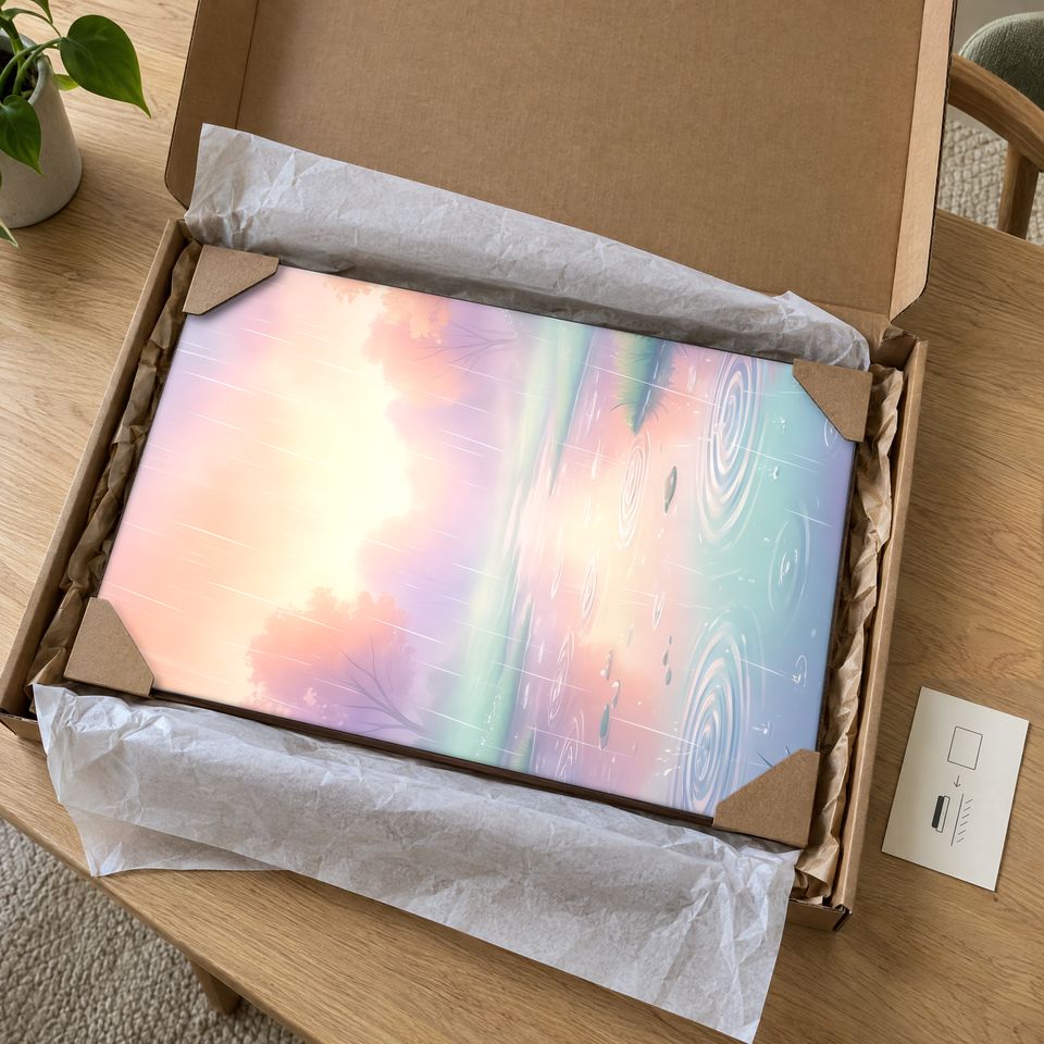 Holzposter Regentag mit pastellfarbigen Pfützen im Paket: mit Kantenschutz an allen vier Ecken und Seidenpapier verpackt
