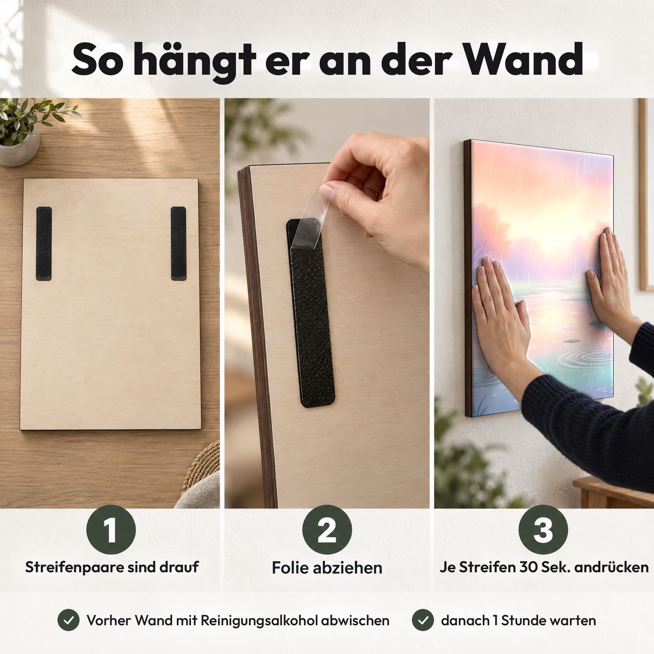Holzposter Regentag mit pastellfarbigen Pfützen in 3 Schritten an der Wand: Streifen sind drauf, Folie abziehen, andrücken