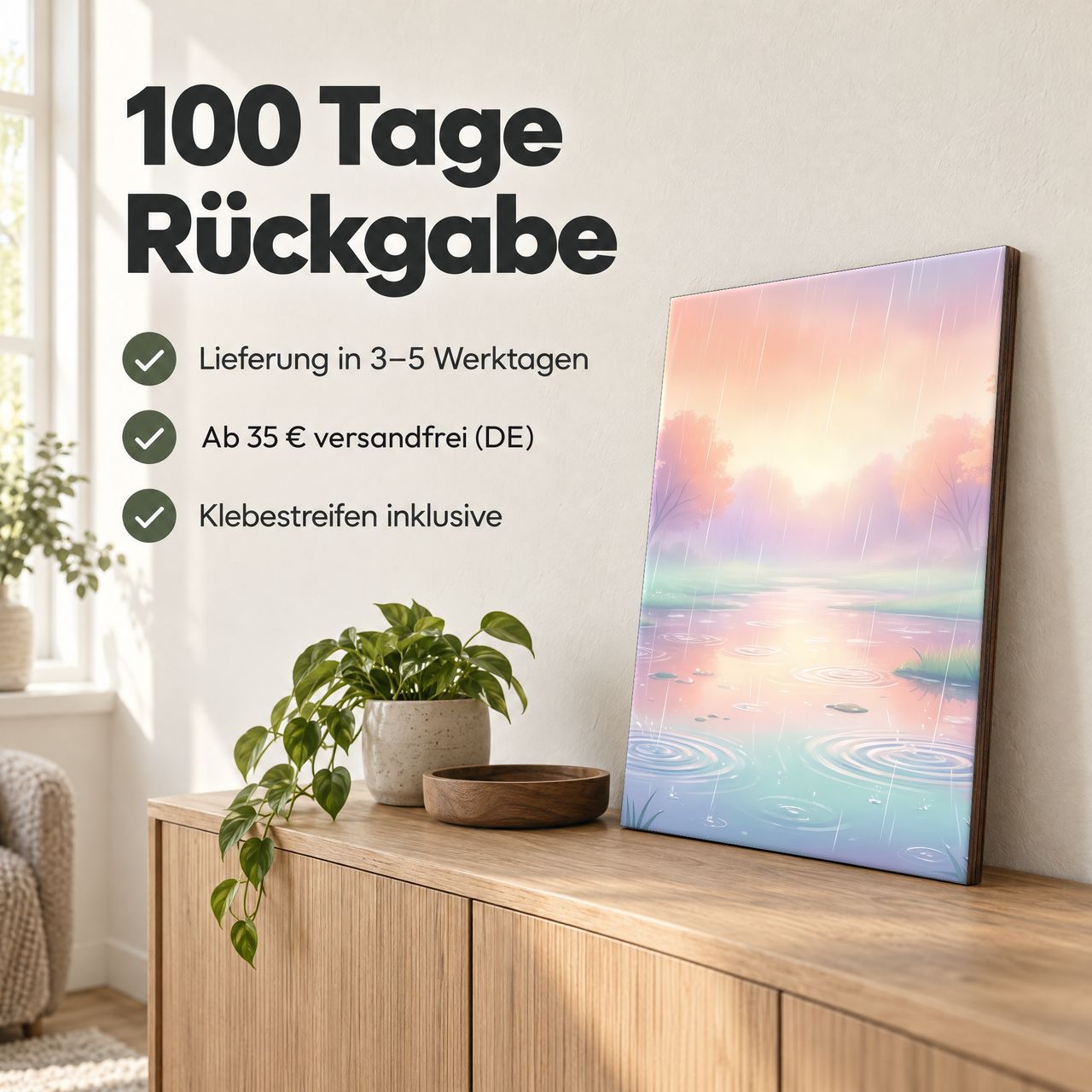 Holzposter Regentag mit pastellfarbigen Pfützen: 100 Tage Rückgabe, Lieferung in 3–5 Werktagen, Klebestreifen inklusive