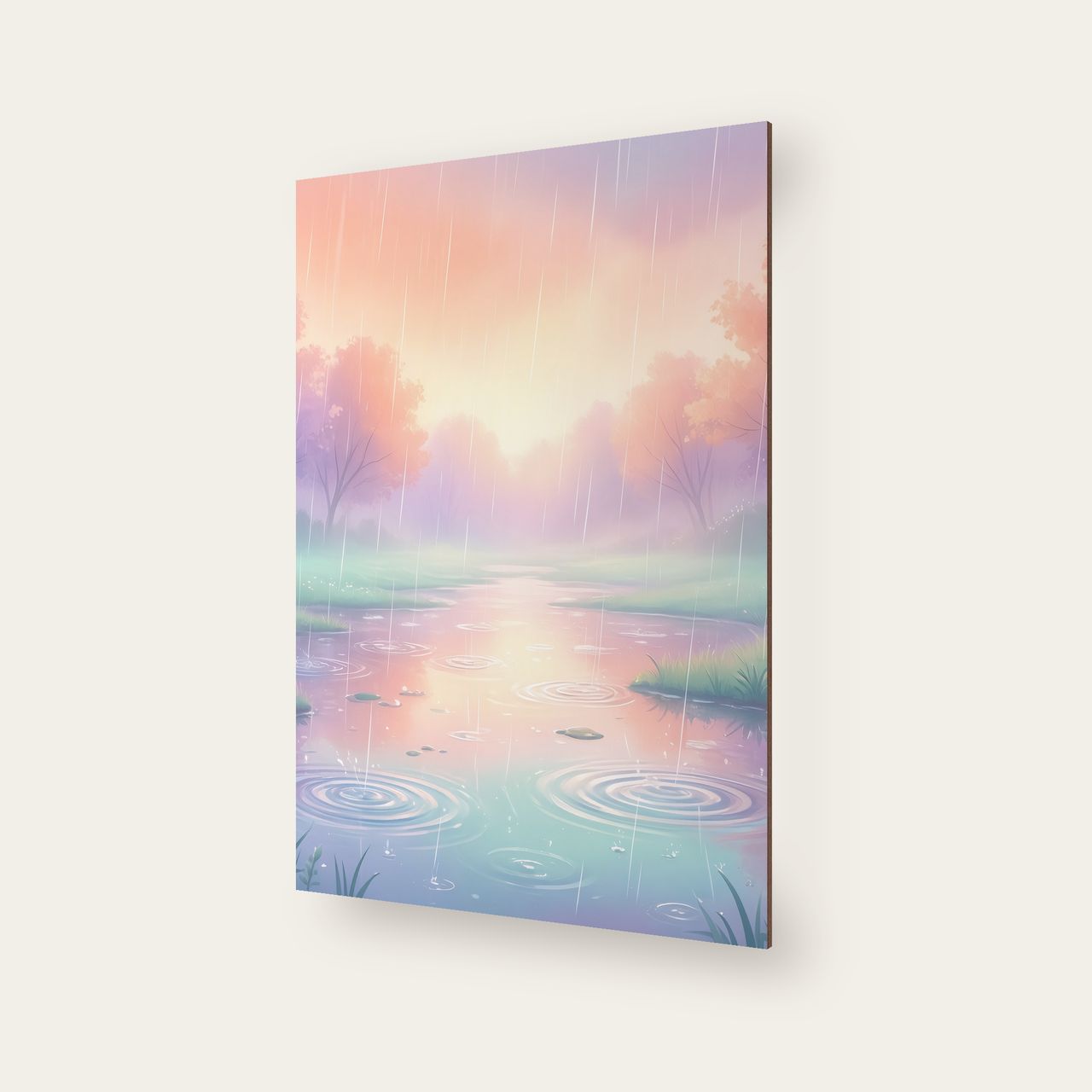 Schräg aufgenommenes Holzposter, sichtbare Holzkante, Pastell‑Traum‑Motiv mit Pfützen