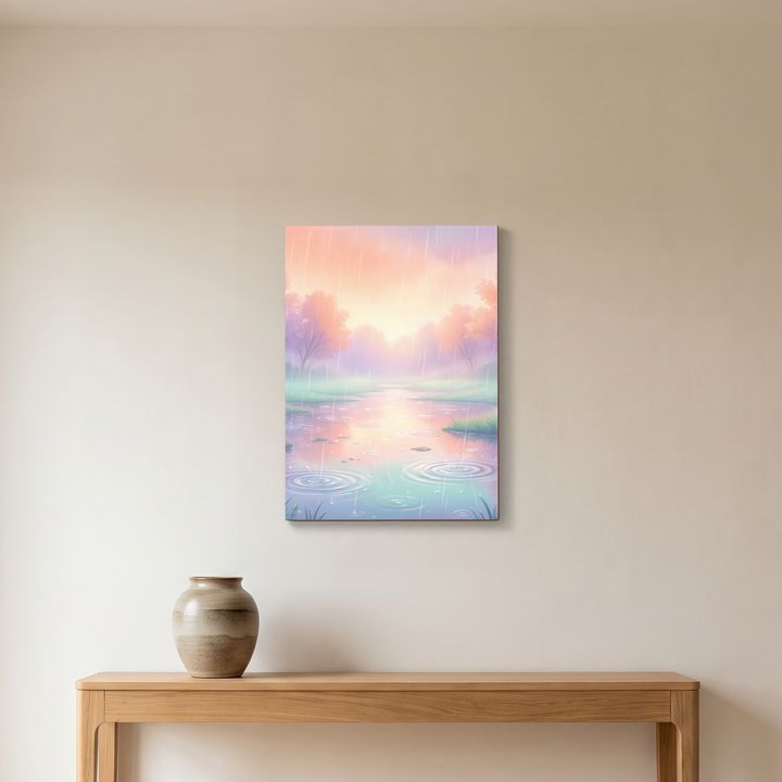 Holzposter hängt gerade an einer glatten Wand im Flur