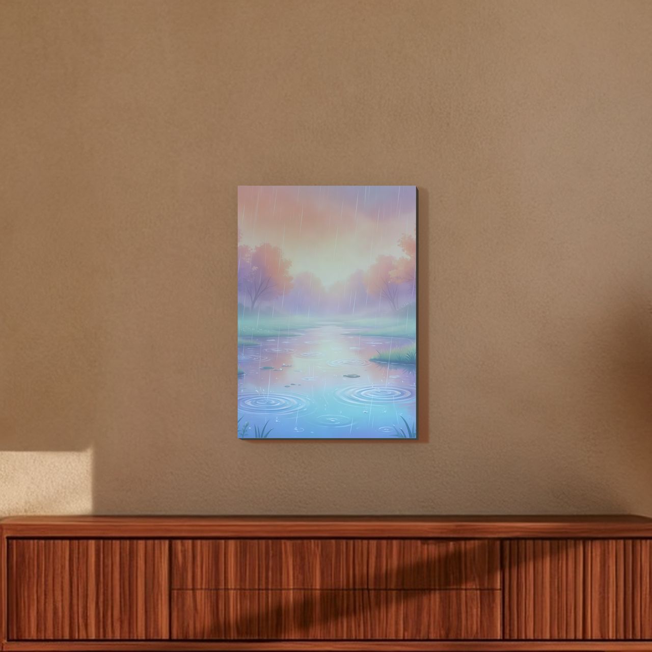 Regentag mit pastellfarbigen Pfützen Holzposter an der Wand im sonnigen Wohnzimmer