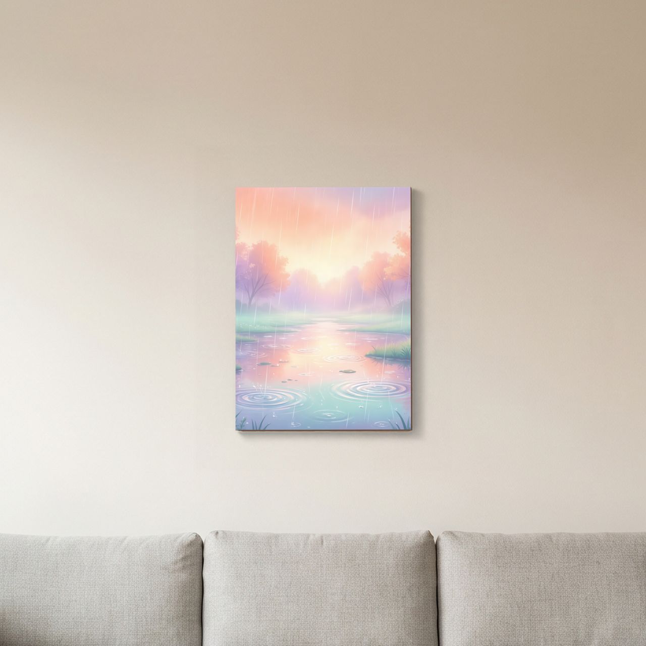 Holzposter an der Wand im Wohnzimmer, das Bild zeigt einen regenverhangenen Pfad mit Pfützen