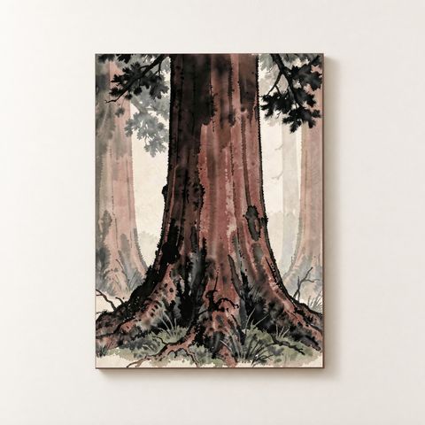 Vorderansicht des Holzposters mit einem zentralen Redwood-Stamm und umliegenden Bäumen in Tuschmalerei‑Stil