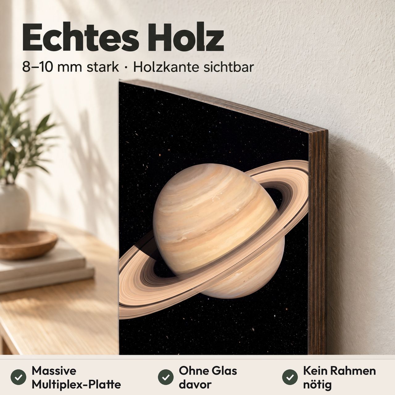Holzposter Saturn mit Ringen aus echtem Holz, 8–10 mm stark, mit sichtbarer Holzkante