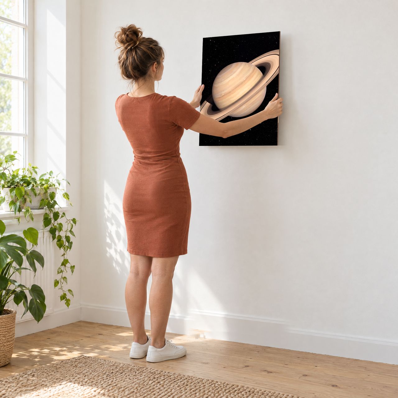 Saturn mit Ringen Holzposter in den Händen gehalten