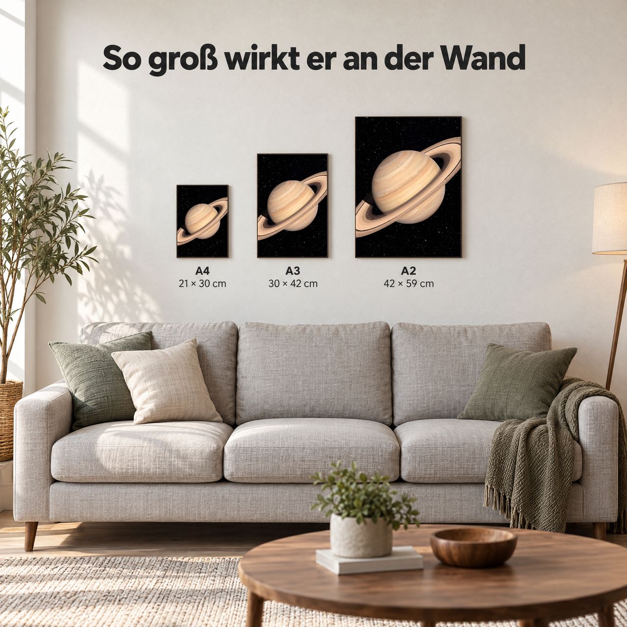 Holzposter Saturn mit Ringen in A4, A3 und A2 an der Wand über dem Sofa: so groß wirkt er